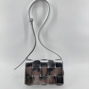 Bottega Veneta Cassette Crossbody Womens Silver Metallic Leather Intreccio Bag